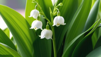 Fototapeta premium Blooming lily of the valley. White flowers of forest lily of the valley against a background of green leaves, snowdrops ecological botanical nature