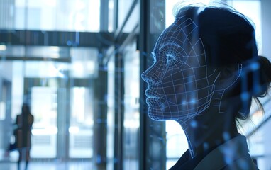 Woman with digital biometric scan grid in the office. Face detection and facial recognition. Face ID and artificial intelligence concept. High tech security system. 