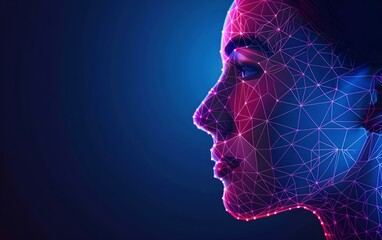 Woman with digital biometric scan mapping. Face detection and facial recognition. Face ID and artificial intelligence concept. High tech security system. Banner with copy space