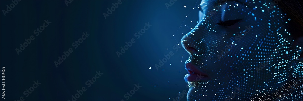 Poster woman with digital biometric scanning program. face detection and facial recognition. face id and ar