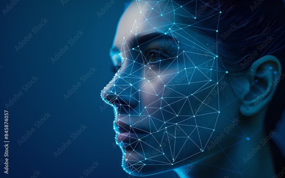 Poster woman with digital biometric scanning program on blue background. face detection and facial recognit
