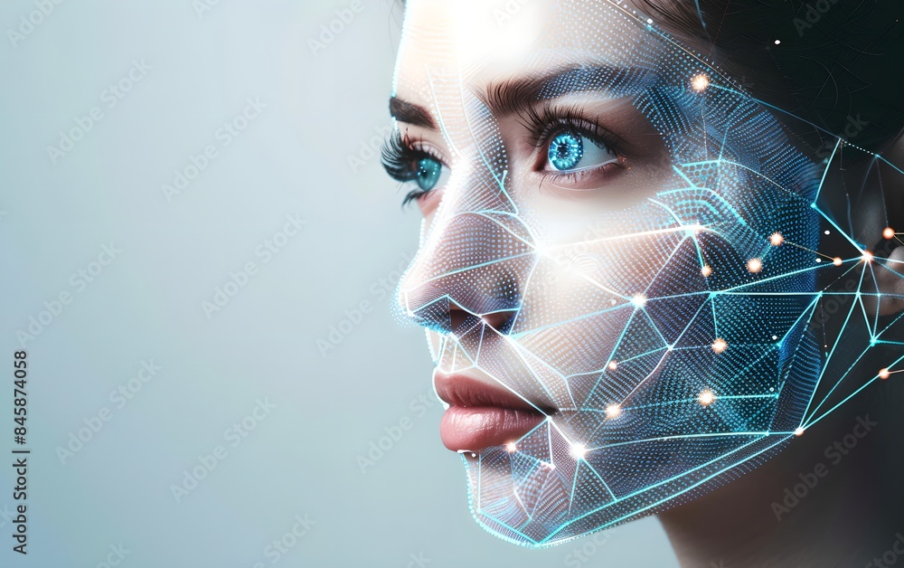 Poster woman with digital biometric scanning program. face detection and facial recognition. face id and ar