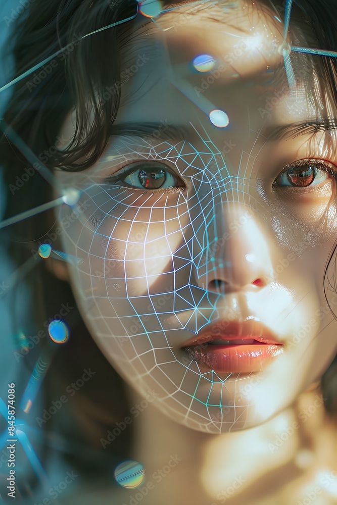 Poster asian woman with digital biometric scan grid. face detection and facial recognition. face id and art