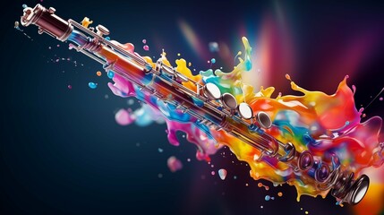 Abstract illustration of a flute in an explosion of colorful paint on a dark background