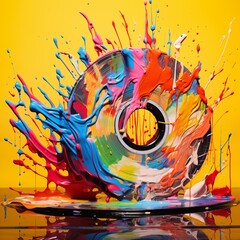 Abstract illustration of a CD in an explosion of colorful paint on a yellow background