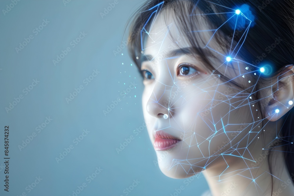 Poster asian woman with digital biometric scan mapping. face detection and facial recognition. face id and 