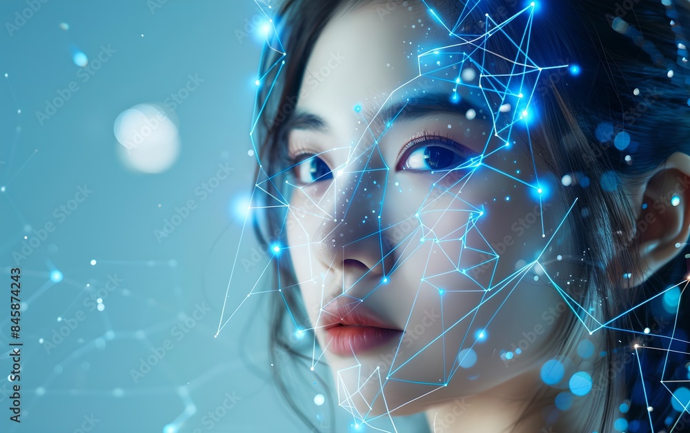 Poster asian woman with digital biometric scan grid. face detection and facial recognition. face id and art