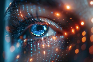 Close-up of female eye with digital futuristic interface overlay. Artificial intelligence concept. Futuristic technology and innovation. Face recognition system. High tech implant in the human eye