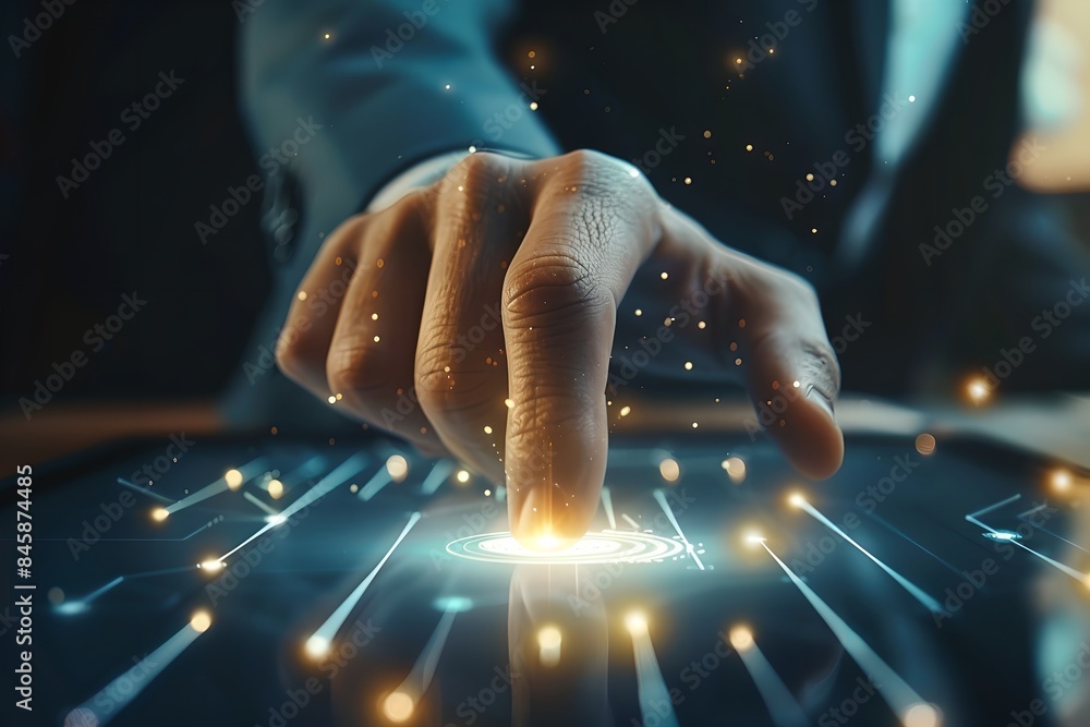Poster businessman touching futuristic digital screen. future technology and innovation. biometrics and sec