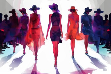 Colorful representation of models walking down a fashion show runway with abstract audience silhouettes