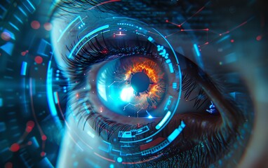 Close-up of eye with digital futuristic interface overlay. Artificial intelligence concept. Futuristic technology and innovation. Face recognition system. High tech implant in the human eye