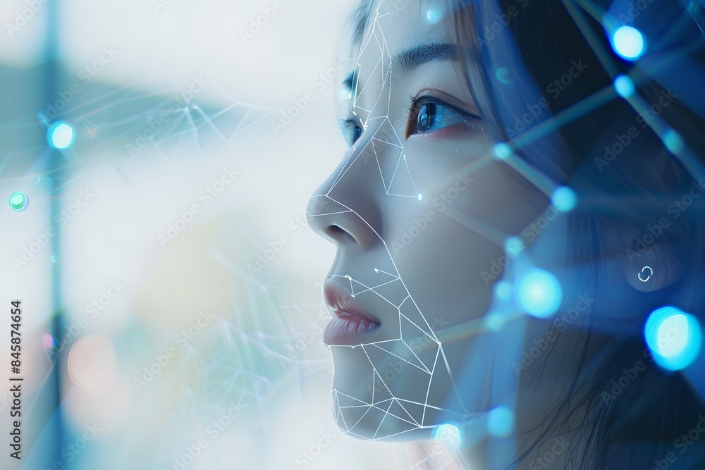 Poster asian woman with digital biometric scan grid. face detection and facial recognition. face id and art