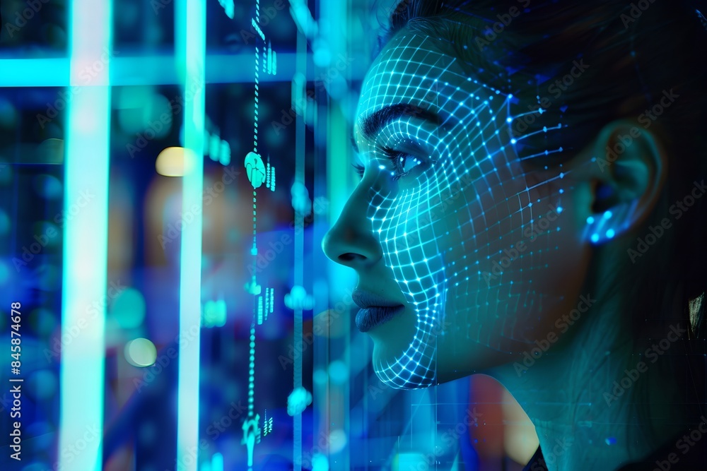 Poster woman with digital biometric scan grid in the office. face detection and facial recognition. face id