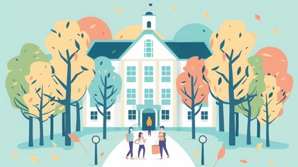 Flat design vector illustration of a cheerful school building amidst trees, with joyful students, conveying a vibrant community and learning atmosphere