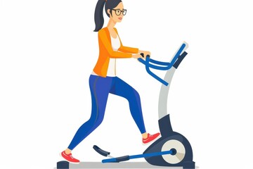 An illustration of a woman with ponytail using a stationary exercise bike, focused on fitness