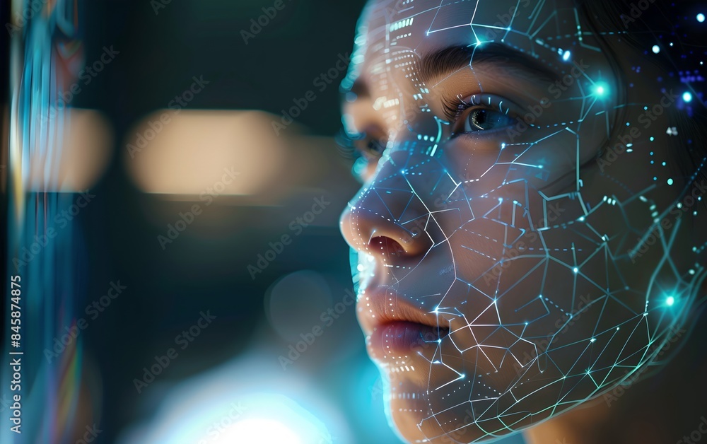 Poster close-up woman portrait with digital biometric interface. face detection and facial recognition. fac