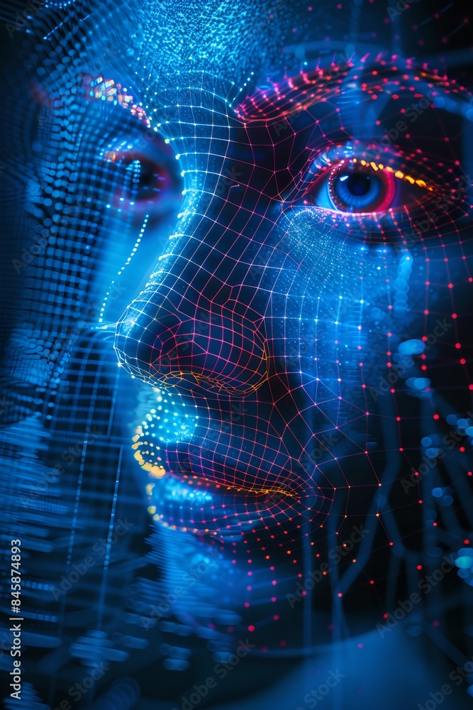Poster close-up woman portrait with digital biometric grid. face detection and facial recognition. face id 