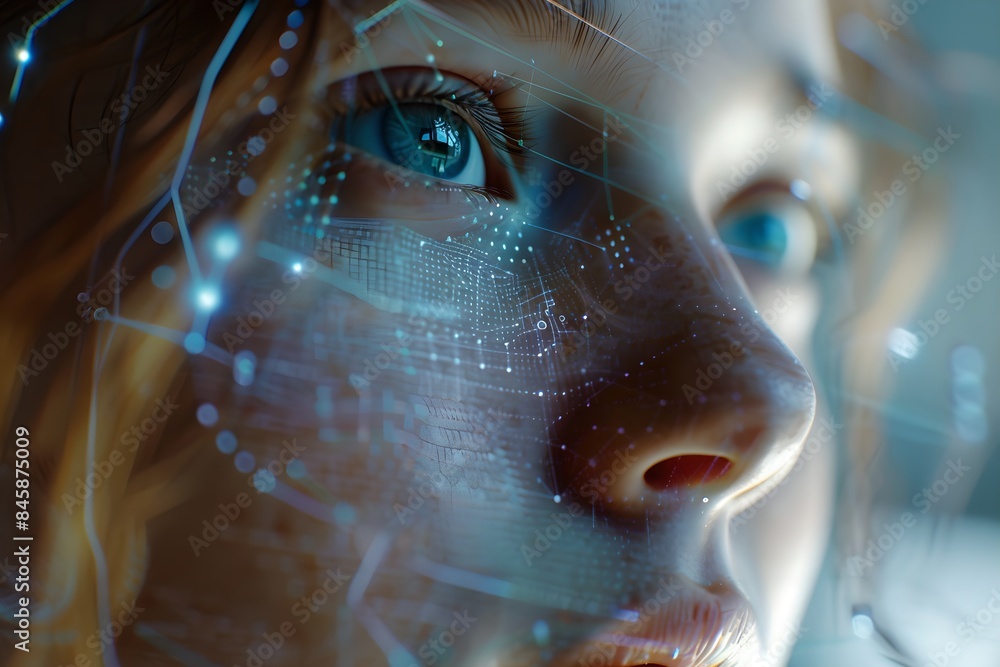 Poster close-up woman portrait with digital biometric scan. face detection and facial recognition. face id 