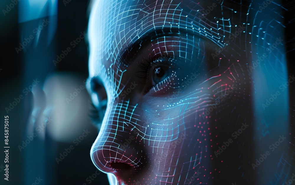 Wall mural close-up woman portrait with digital biometric scan. face detection and facial recognition. face id 