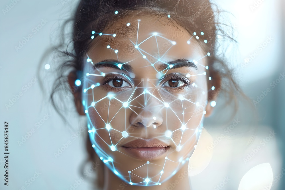 Poster woman portrait with digital biometric scanning program. face detection and facial recognition. face 
