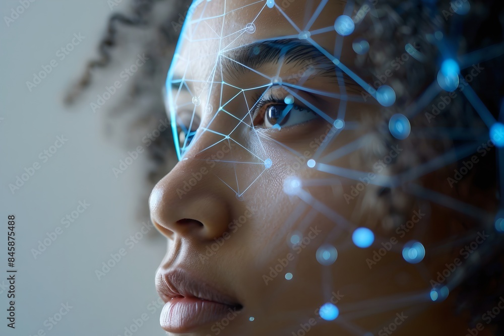 Poster african american woman with digital biometric scanning program. face detection and facial recognitio