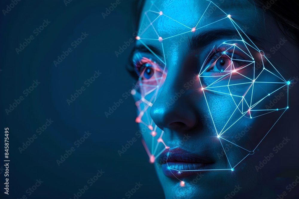 Poster woman with digital biometric scanning program on dark blue background. face detection and facial rec