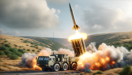 Photorealistic HIMARS Missile Launch in Natural Landscape
