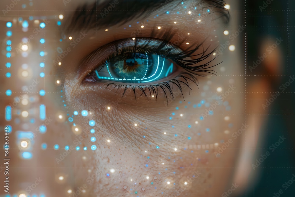 Poster close-up of woman's eye with biometric digital network. face detection and facial recognition. face 