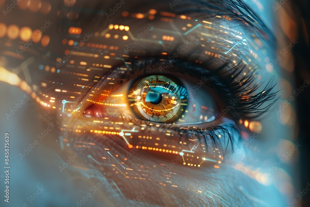 Poster close-up of woman's eye with futuristic interface overlay. face detection and facial recognition. fa