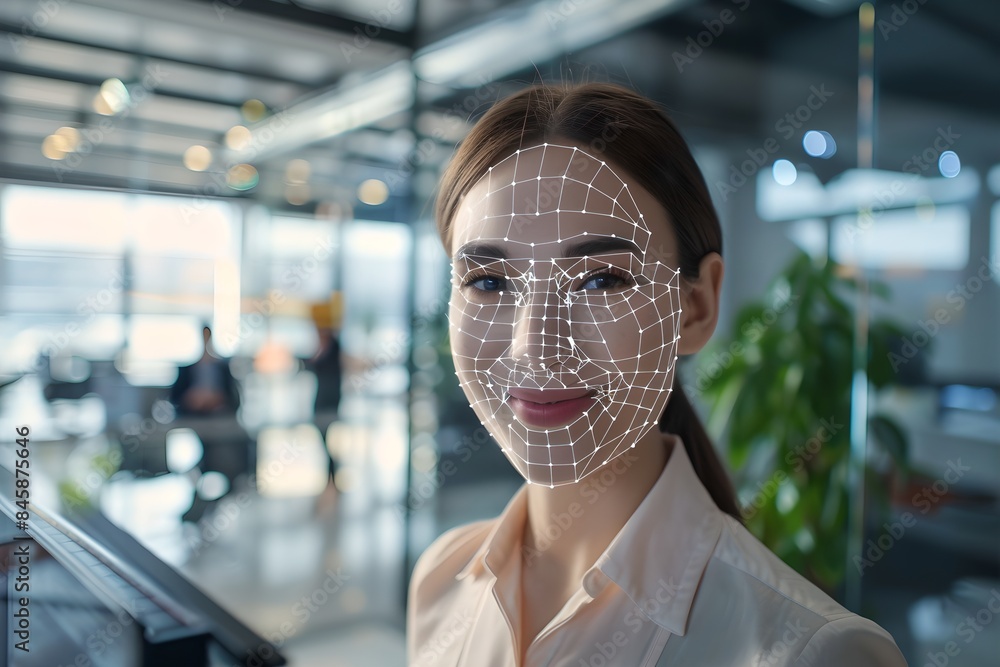 Poster woman with digital biometric scanning program in modern office. face detection and facial recognitio