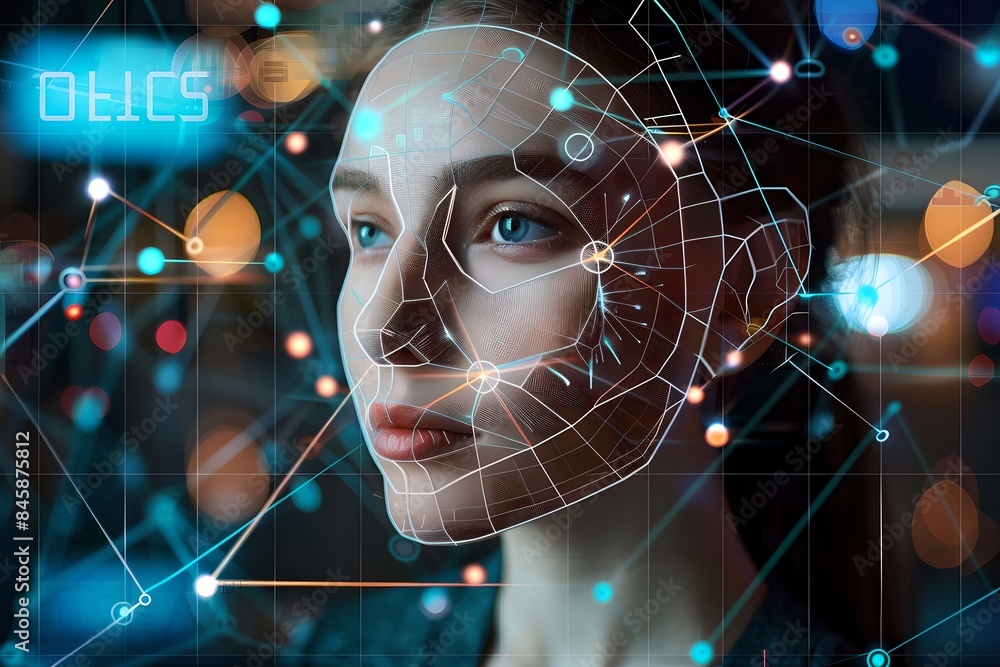 Poster woman portrait with digital biometric scanning program. face detection and facial recognition. face 