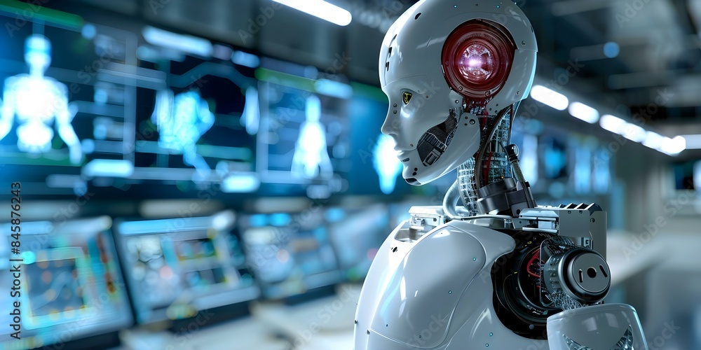 Poster 3d robot in advanced medical technology room controlled by artificial intelligence. concept medical 
