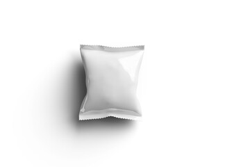 3D render of a glossy generic, sealed snack packaging bag with crimped edges on a transparent background