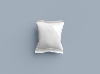 3D render of a glossy generic, sealed snack packaging bag with crimped edges on a dark background