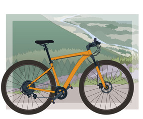mountain biking sport, men's orange mountain bike on a mountain trail with landscape in the background