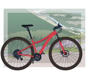Fototapeta premium mountain biking sport, women's red mountain bike on a mountain trail with landscape in the background