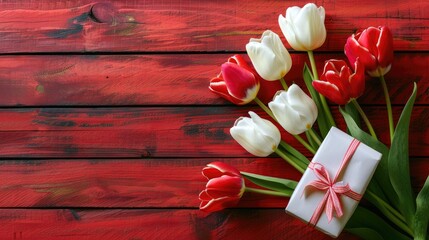 Vibrant tulips arranged with a gift box on a wooden surface in red and white Overhead view with room for your message