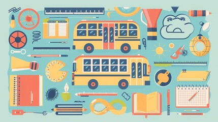 Flat design vector illustration background showcasing a whimsical back to school scene