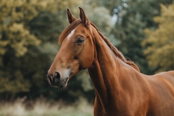Obraz premium A close-up portrait of a majestic chestnut horse standing tall in an open field, with trees and greenery behind it, exuding elegance and strength, focus on face. 