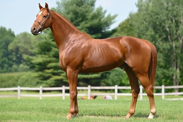 Fototapeta premium A close-up portrait of a majestic chestnut horse standing tall in an open field, with trees and greenery behind it, exuding elegance and strength, focus on face. 