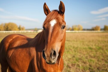 Obraz premium A close-up portrait of a majestic chestnut horse standing tall in an open field, with trees and greenery behind it, exuding elegance and strength, focus on face. 