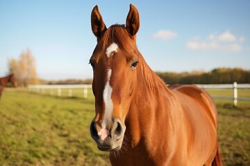 Naklejka premium A close-up portrait of a majestic chestnut horse standing tall in an open field, with trees and greenery behind it, exuding elegance and strength, focus on face. 