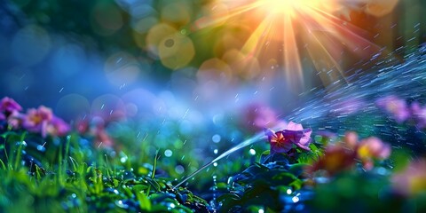 Automated garden irrigation system watering vibrant green grass. Concept Garden Irrigation System, Green Grass, Automated, Vibrant, Watering