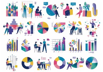 Fototapeta premium Illustration of digital business metaphor: market success, online work, leadership strategy, data analysis. People managing business stats, online transactions, profit growth.