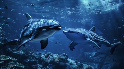 Fototapeta premium Bottle nosed dolphin and whale shark looking