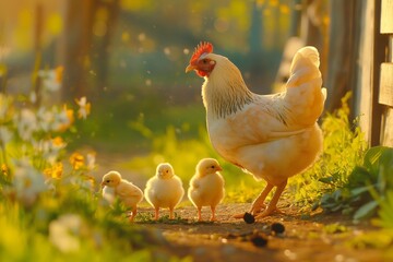 Fototapeta premium A photo of a mother hen with her chicks on a farm, with a soft misty background.