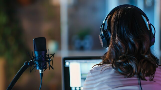 Back view of a woman recording a podcast in a professional studio, using a microphone and headphones while working on her laptop.