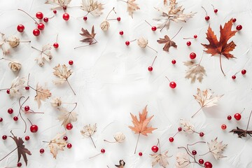 Autumn Leaves and Berries Frame, Minimalist Background with Copy Space, Natural Fall Foliage Border, Rustic Seasonal Decoration, Elegant Botanical Design for Marketing and Banne