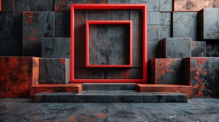 A red square frame is in the middle of a black and red wall