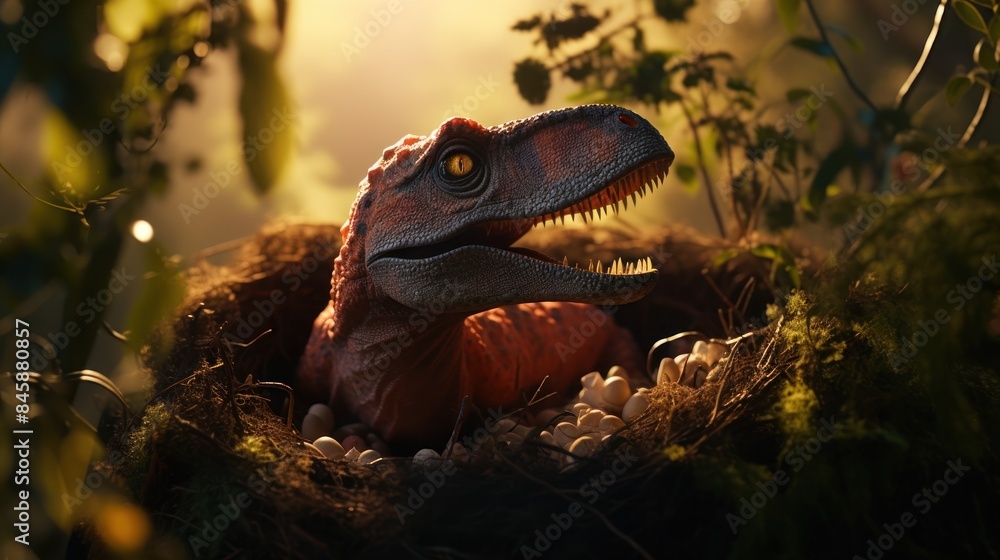 Wall mural dinosaur in nestle in forest in prehistoric environment. photorealistic.